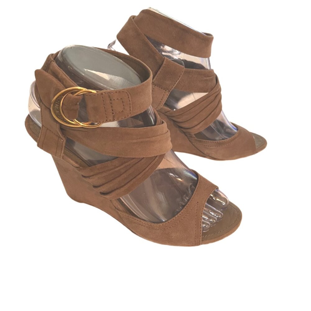 Louis Vuitton Camel Suede Wedge Ankle Wrap Sandals Gold LV Buckle Size 37 (US 7)